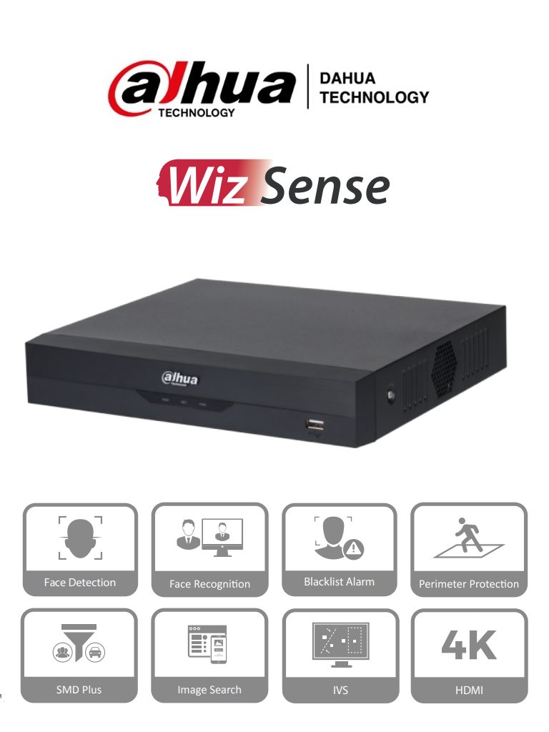 DAHUA NVR2116HS-I - NVR de 8 Megapixeles/ 4k/ 16 Canales IP/ WizSense/ Rendimiento de 200 Mbps/ Smart H.265+/ 1 Ch de Reconocimiento Facial o 2 Canales de Protección Perimetral o 4 Canales de SMD/ 1 Puerto SATA 8 TB/ HDMI&VGA/ Soporta Camaras Onvif