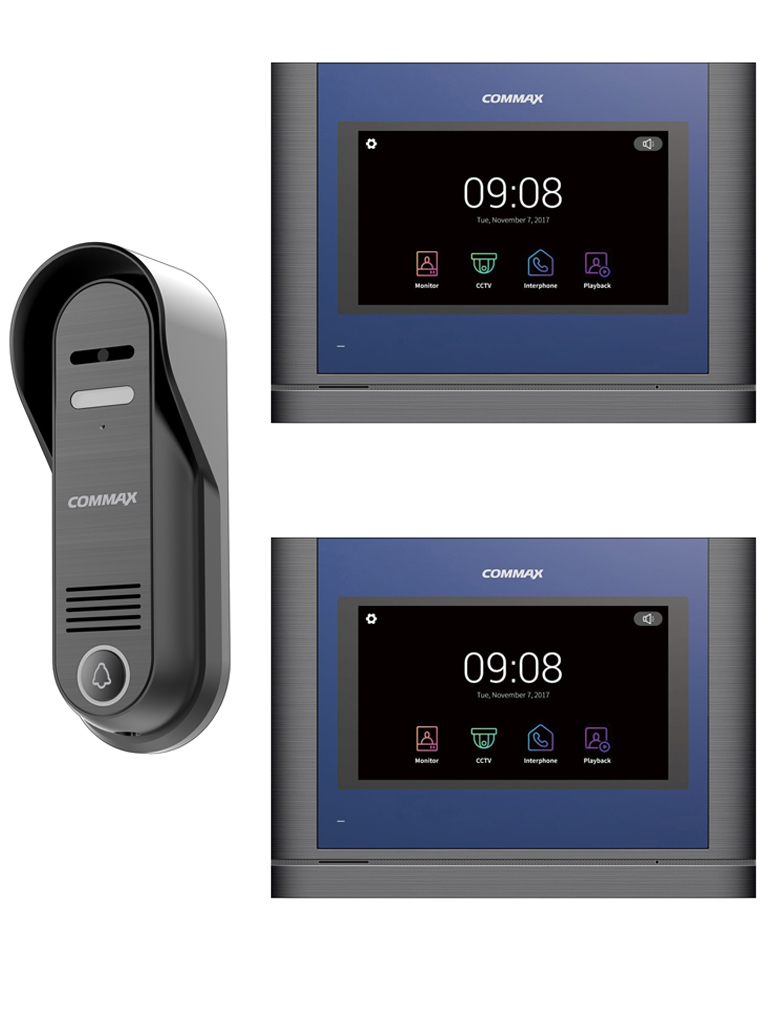COMMAX PAQCDV704MA - Paquete con frente de calle DRC4CP con resolución de 1mp y 2 monitores CDV704MA de 7 pulgadas touch con intercomunicación y guardado de imagen y video en SD