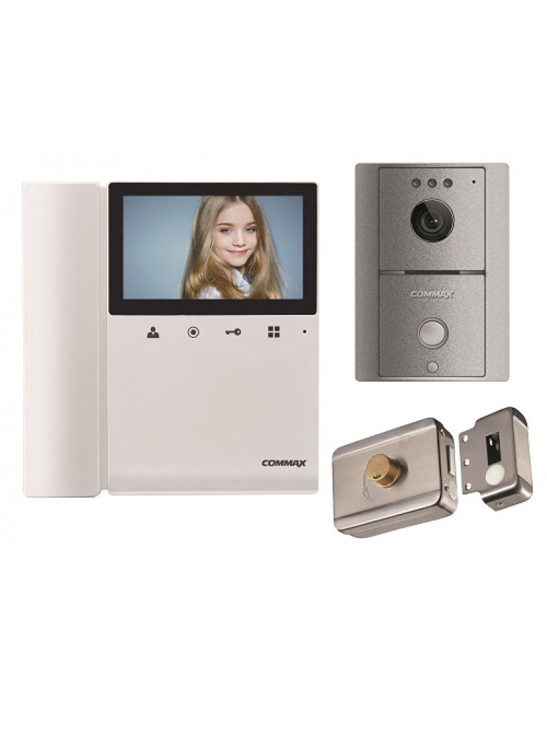 COMMAX PA2 - Paquete de monitor color 4.3 pulgadas y frente de calle gris incluye cerradura inteligente no necesita de configuracion/ Audio y video y funcion de apertura de puerta
