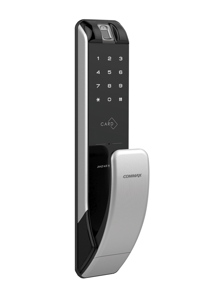 COMMAX CDL210P - Cerradura biométrica con verificación por huella, teclado touch para validación por password y tarjetas Mifare, Llave mecánica, soporta hasta 100 usuarios