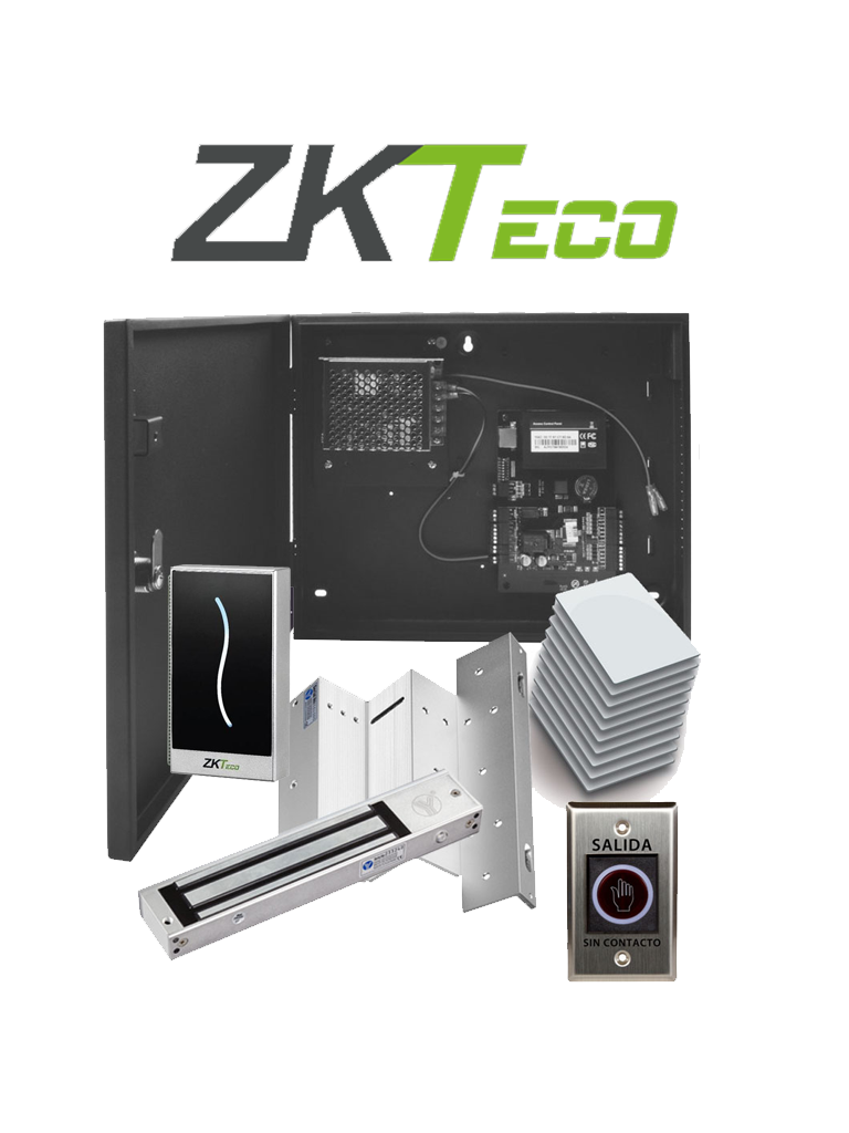 ZKTECO C3MifarePACK- Control de Acceso Profesional para 1 Puerta con Lector de Tarjeta MIFARE / Botón de Salida sin Contacto / Contrachapa Magnética y Soporte para Contrachapa / Paquete de 50 Tarjetas / Administra con Software ZK Access 3.5