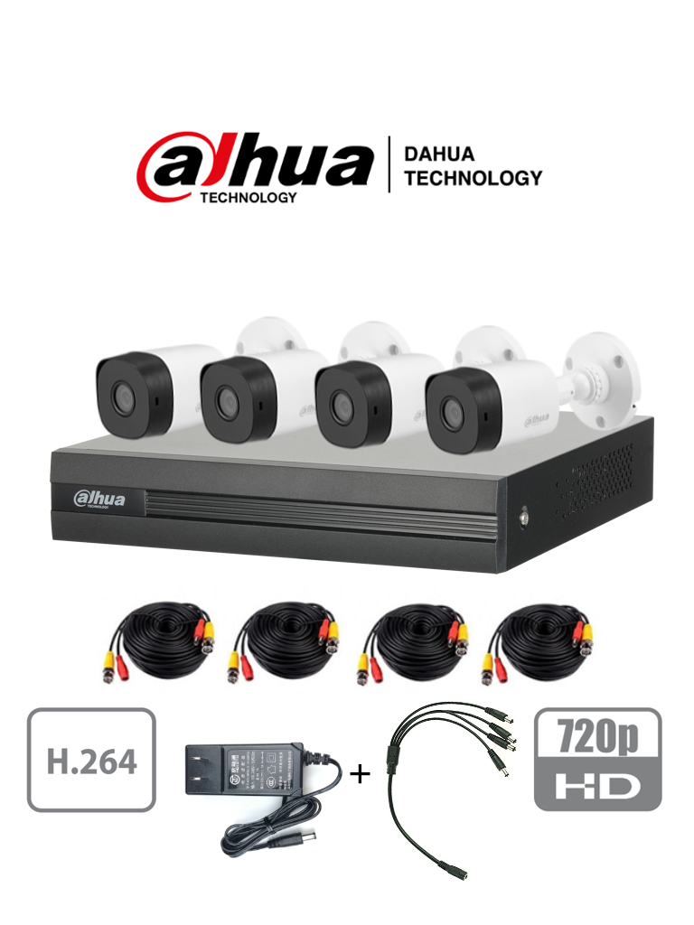 DAHUA COOPER XVR1A04KIT - Kit de 4 Canales de 1 Megapixel/ 4 Camaras B1A11 720p/ DVR de 4 Canales H.264 1080p Lite/ 1 Ch IP Adicional/ IR 20 mts/ IP67/ Accesorios/