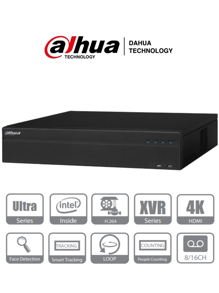 DAHUA XVR8816S - DVR de 16 Canales 4k/ H.264+/ 8 Puertos SATA/ Linux/ 2 Puertos HDMI, 1 VGA y 1 TV/ 16&6 E&S De Alarmas/ 4 Puertos USB/ Función Loop/ Hasta 64 Canales IP/ Dewarping/