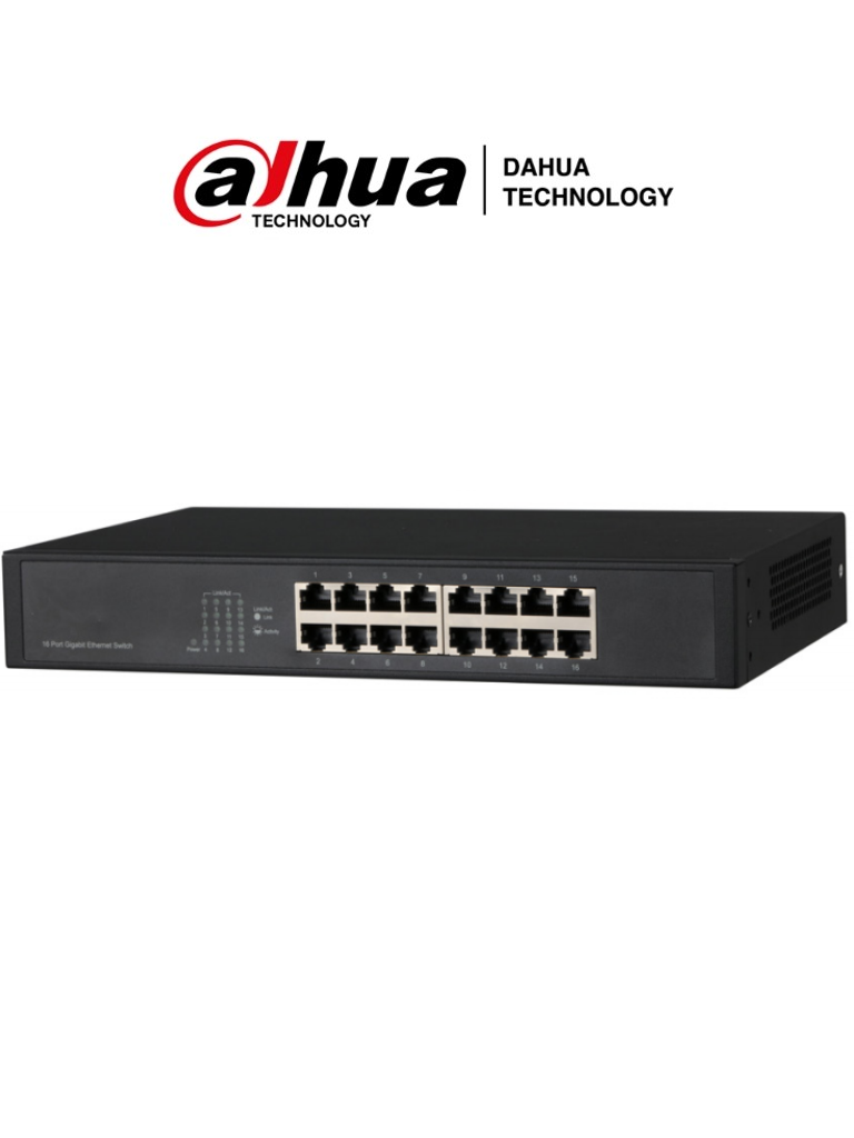 DAHUA DHPFS301616GT - Switch Gigabit de 16 Puertos No Administrable/ Capa 2/ 10/100/1000 Base-T/ Carcasa Metalica/ Switching 32G/ Tasa de Reenvio de Paquetes 23.8 Mbps/ Memoria Bufer de Paquetes 2Mb/ Con Proteccion de Descargas/