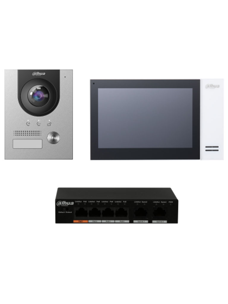 DAHUA KITKTP01S - Kit de Videoportero IP con Frente de Calle metálico, Monitor y Switch POE/  Pantalla LCD Touch de 7/ Camara 2MP Antivandalico/ Ranura SD 4GB/ IP65/ Soporta 8 Sensores de Alarma. #TocToc