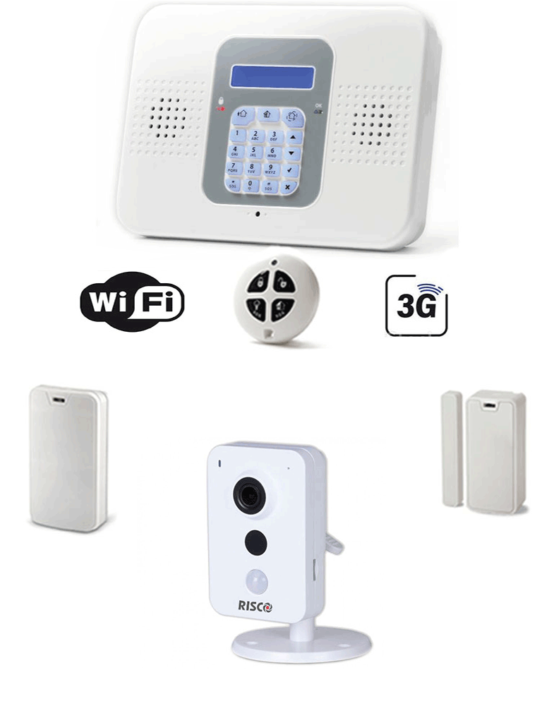 RISCO SECUPLACE CAM PAK WIFI & 3G - Kit de Alarma Inalámbrico Todo Incluido Comunicación WiFi & 3G / Sensor de Movimiento / Contacto Magnético y Llavero /Cámara Cubo VuPoint para Video Verificación con App I RISCO Incluida