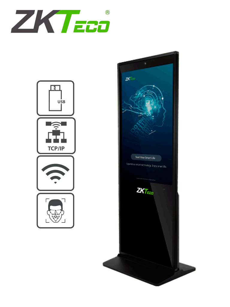 ZKTECO FaceKiosk-V43 - Pantalla publicitaria con control de asistencia facial Luz Visible /  LCD de 43 Pulgadas / Touch / Vídeo / Imágenes / Audio / Rostros 5000 / 4G RAM /  WiFi /  #SinContacto