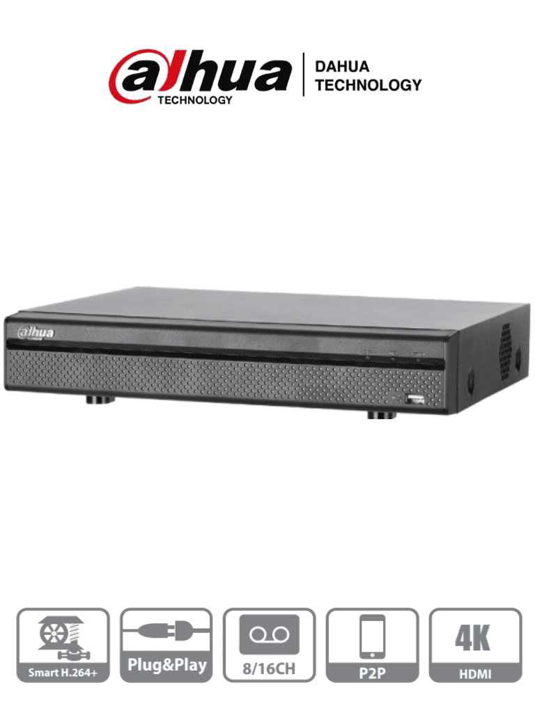 DAHUA DHI-XVR5116H-4KL - DVR de 16 Canales 4k/ H.264+/ 8 Canales IP Adicionales (24 Canales Totales)/ 1 E&S de Audio/ 1 Puerto Sata de Hasta 8 TB/ HDMI&VGA