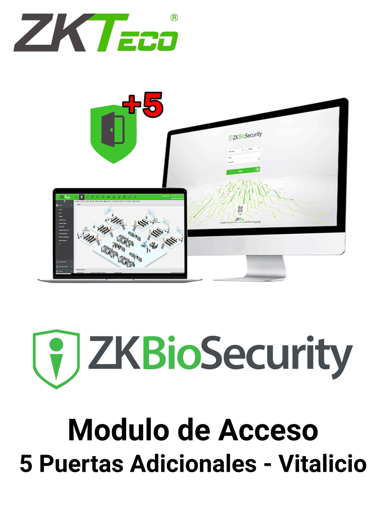 ZKTECO ZKBSACADDONP5 - Modulo Vitalicio de Control de Acceso para Agregar 5 Puertas adicionales en Biosecurity / Arriba de 25 Puertas