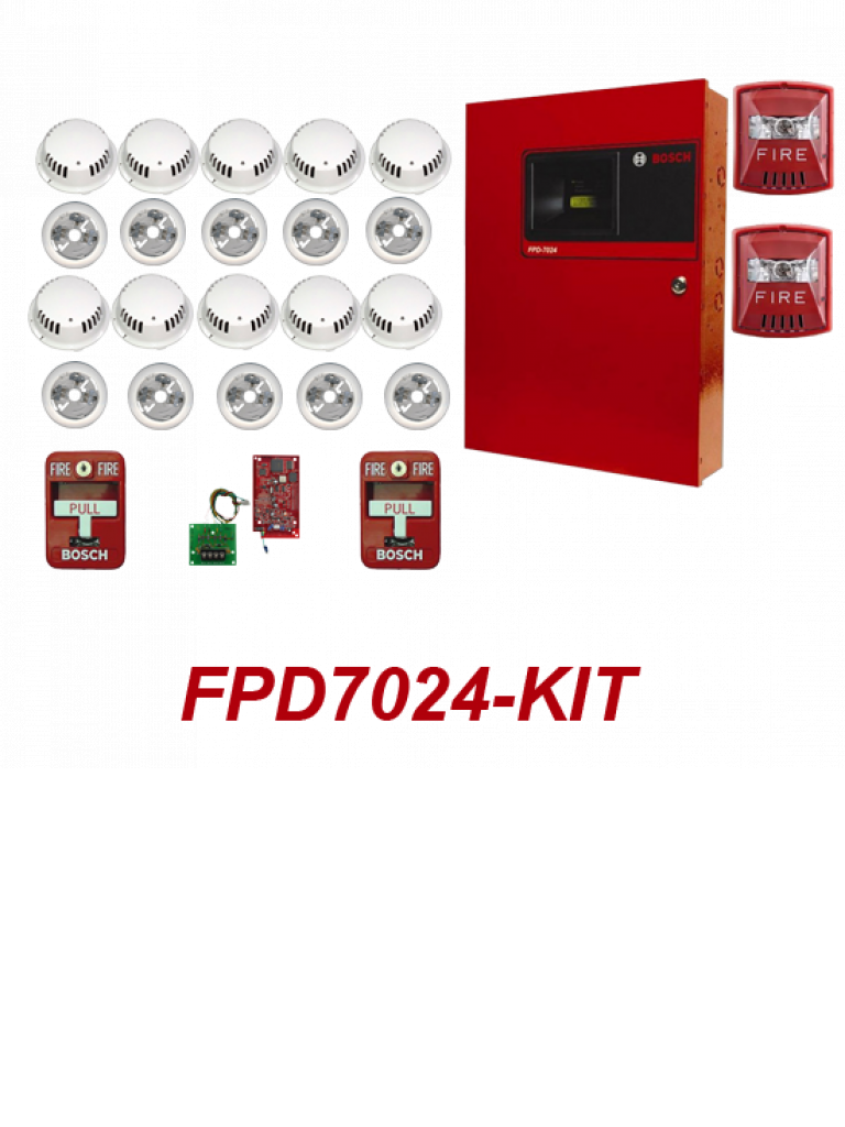 BOSCH F_FPD7024KIT - Panel con tarjeta direccional / 10 Detectores de humo con bases / 2 Estaciones manuales / 2 Sirena ESTROBO / 1 FPE-7039