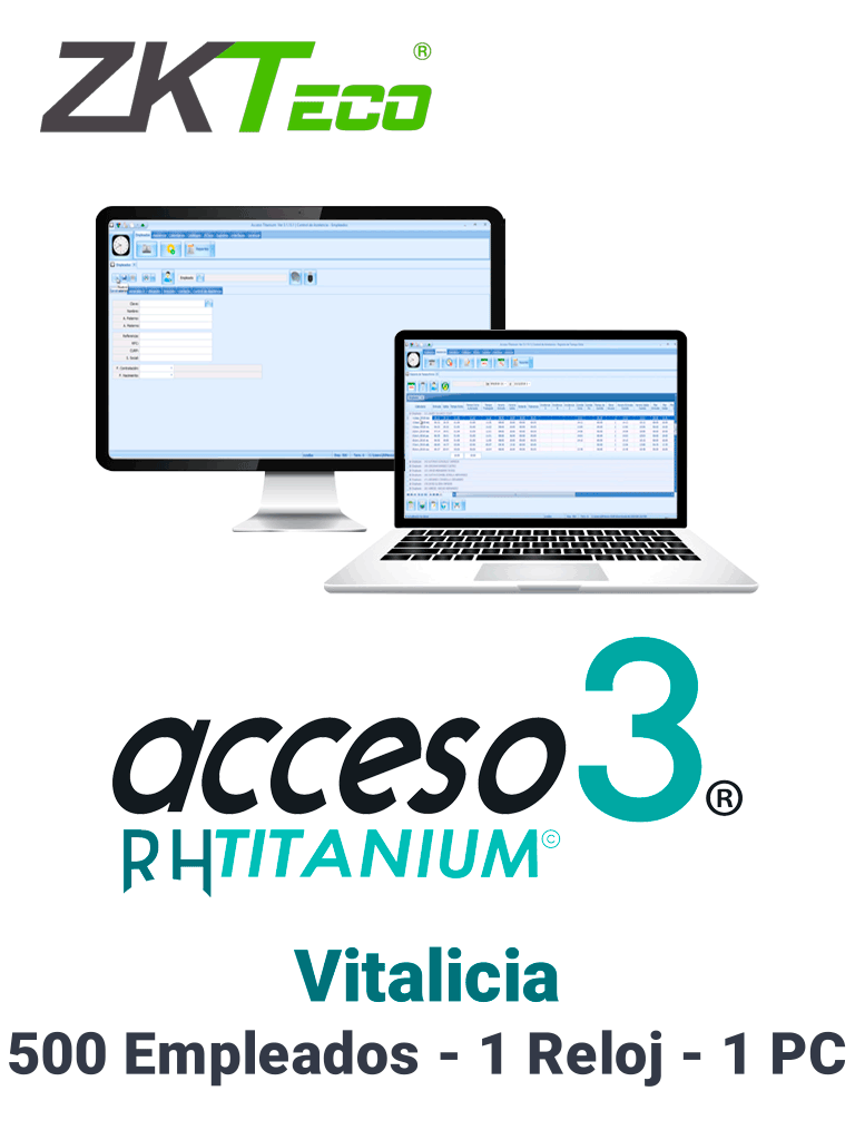 ZKACCESO TITANIUM - Licencia para control de asistencia / 500 empleados / 1 Reloj y 1 PC / Compatible con NOI y CONTPAQ / Vitalicia