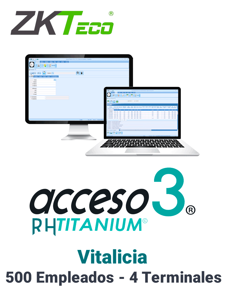 ZKACCESO TITANIUM1P - Licencia para control de asistencia / 500 empleados / 4 terminales (PC o Reloj) / Compatible con NOI y CONTPAQ / Vitalicia
