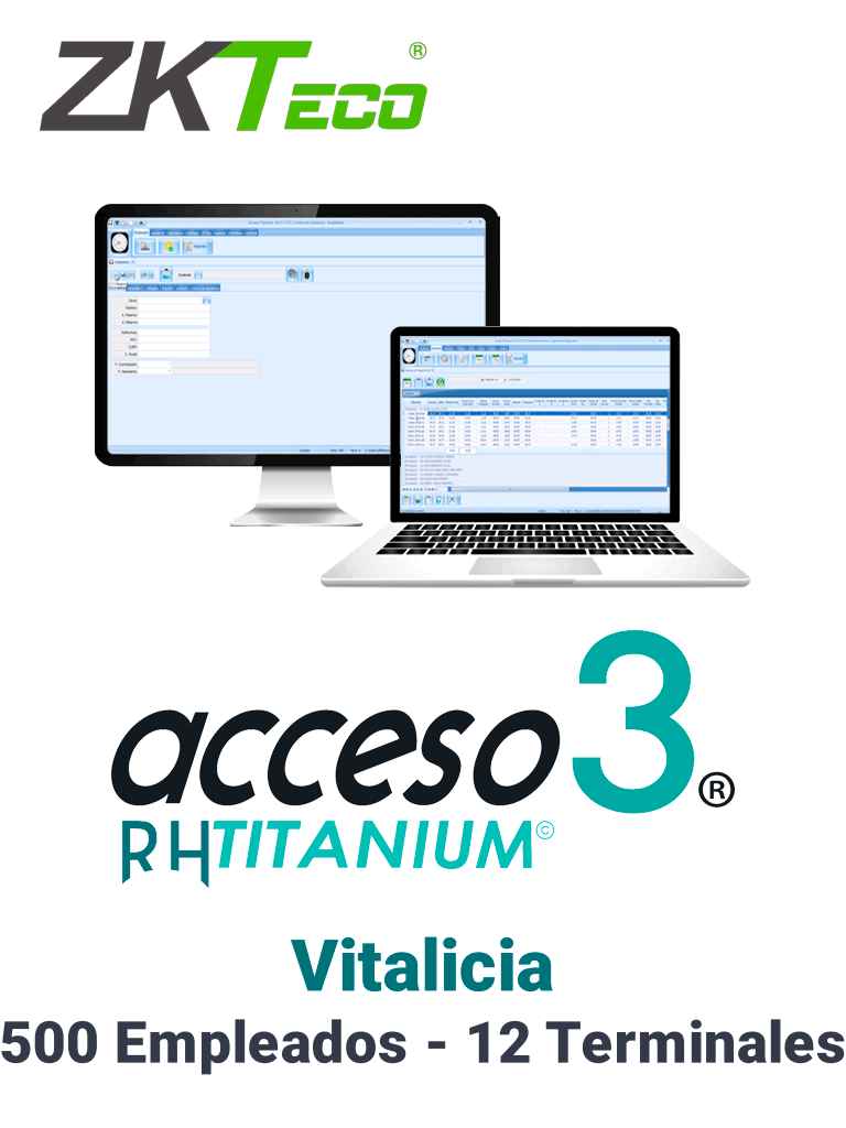 ZKACCESO TITANIUM2P - Licencia para control de asistencia / 500 empleados / 12 terminales (PC o Reloj) / Compatible con NOI y CONTPAQ / Vitalicia