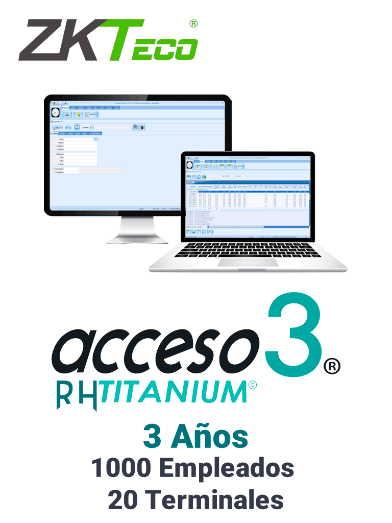 ZKACCESO TITANIUM3 - Licencia para control de asistencia / 1000 empleados / 20 terminales (PC o Reloj) / Compatible con NOI y CONTPAQ / 3 años