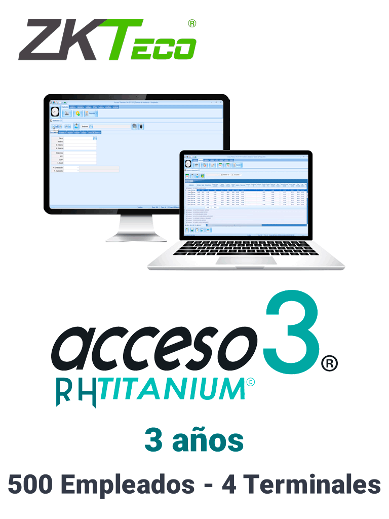 ZKACCESO TITANIUM1 - Licencia para control de asistencia / 500 empleados / 4 terminales (PC o Reloj) / Compatible con NOI y CONTPAQ / 3 años 