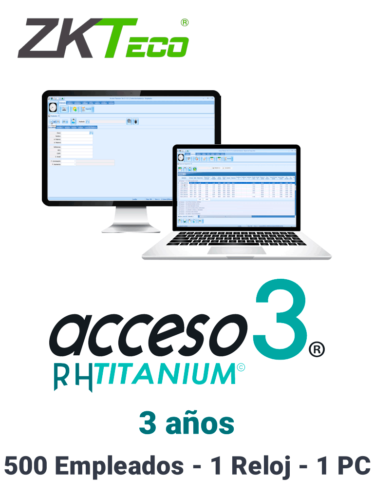 ZKACCESO TITANIUM0 - Licencia para control de asistencia / 500 empleados / 1 Reloj y 1 PC / Compatible con NOI y CONTPAQ / vigencia 3 años