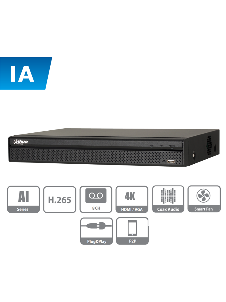 DAHUA XVR5108H-I - DVR de 8 canales con IA/ 5 Megapixeles N/ 4 MP N/ 1080p/ H.265+/ SMD Plus/ Proteccion Perimetral/ 4 Canales IP