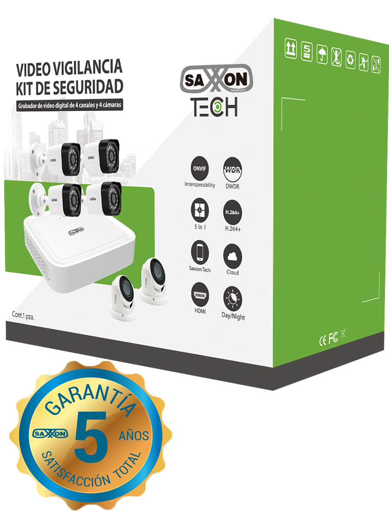 SAXXON TECH 8304XECSKIT - Kit de DVR de 4 canales  1080p  Lite P2P / 4 Camaras  720p / Angulo de vision 92 grados / Exterior IP66 / Accesorios