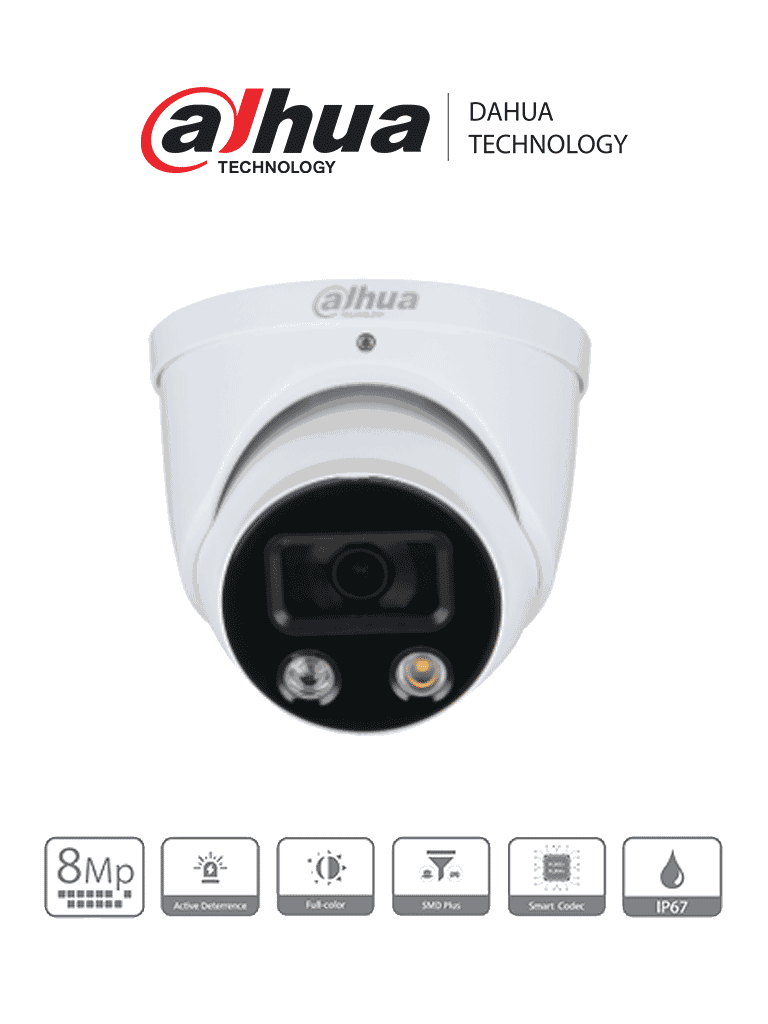 DAHUA IPC-HDW3849H-AS-PV-S3 - Camara IP Domo de 8 Megapixeles con Disuación Activa/ TiOC/ WizSense/ Lente de 2.8mm/ Ir de 30 Mts/ Leds de Luz Visible para 30 Metros/ SMD 3.0/ E&S de Audio y Alarma/ IP67/ #LoNuevo 