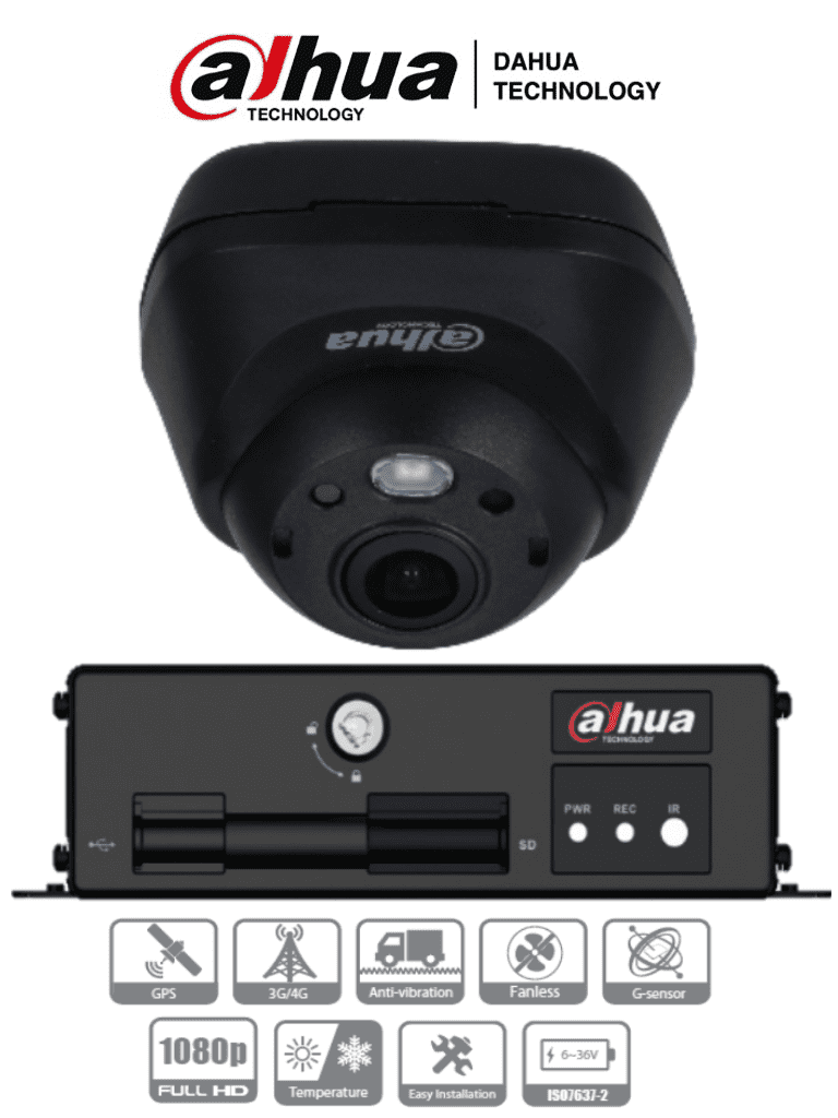 DAHUA MXVR1004+HMW3200L- Paquete de DVR Movil+ 1 Camaras  Domo de 2 Megapixeles para Interior/ Lente de 2.1 mm/ 139 Grados de Apertura/ H.265/ 2 Ranuras para SD Card/ Soporta 3G/4G y GPS/ 1 Canal IP Adicional/ 