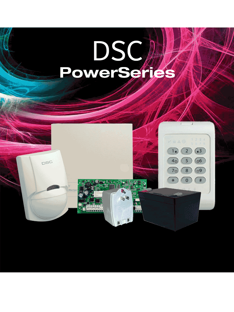 DSC POWER-LED- Paquete Power con / Panel PC1832PCBSPA 8 zonas cableadas/ Gabinete Metálico GTVCMX007/ Teclado de 8 Zonas LED PC1404/ Detector de Movimiento Cableado LC100PI / Fuente de Poder PTC1640U/ Batería 12V 5AH /