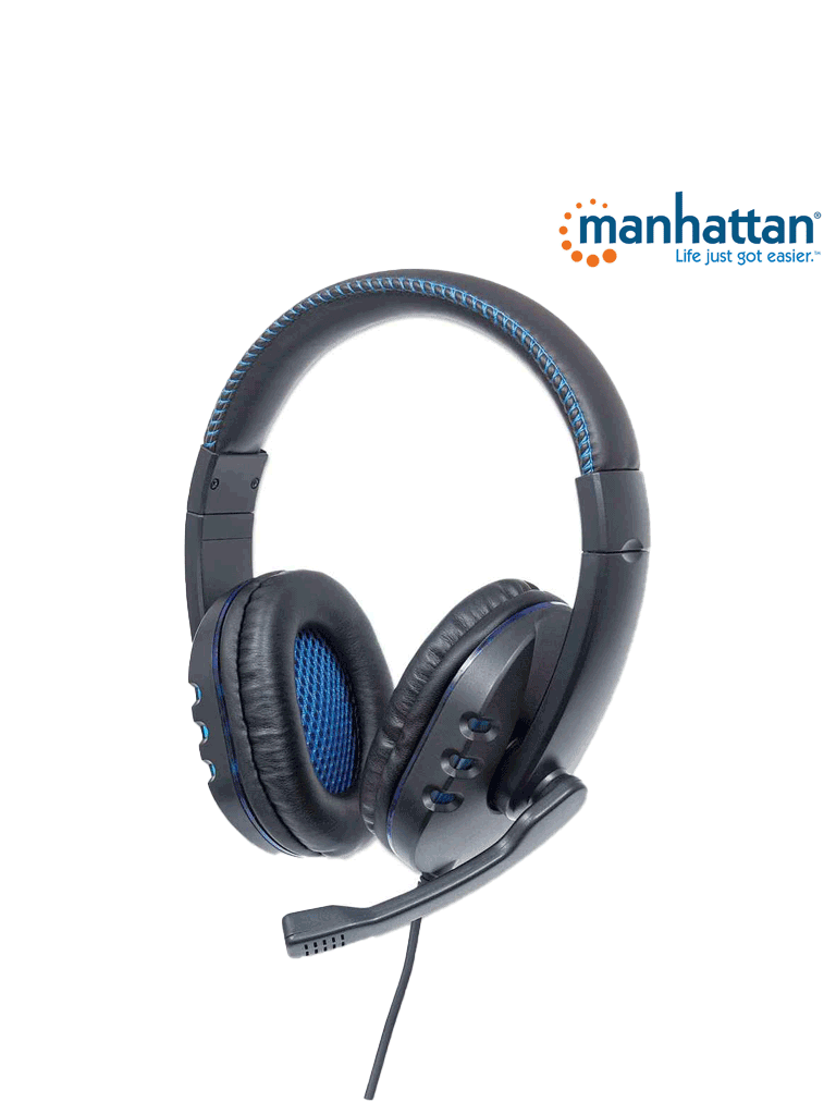 MANHATTAN 176088 - Audífonos USB para videojuegos, con luces LED Para PC, PS3 y PS4, micrófono retráctil integrado, función de control de audio, cable USB de 1,8 m integrado, color negro y azul
