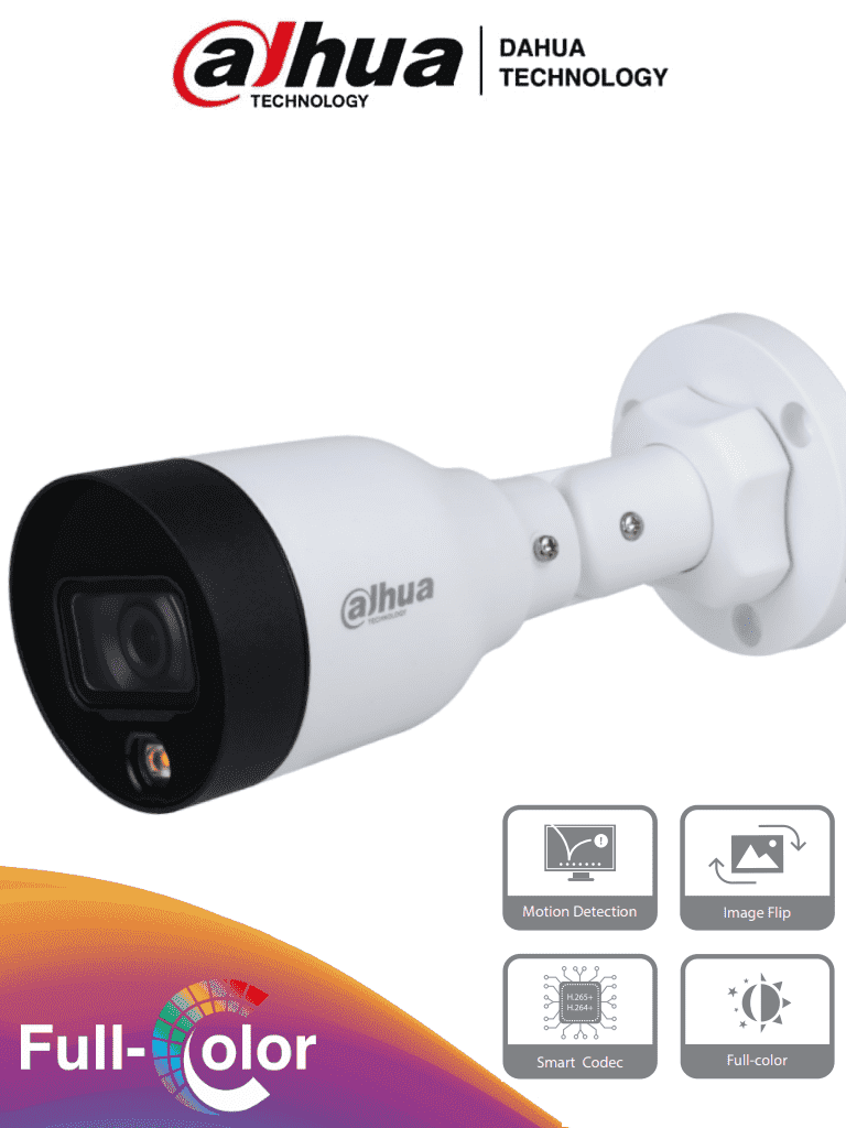 DAHUA IPC-HFW1239S1-LED-S4 - Cámara IP Bullet Full Color 2 Megapixeles/ Lente de 2.8mm/ Luz Blanca de 15 Mts/ H.265/ IP67/ PoE/ DWDR #FullColor