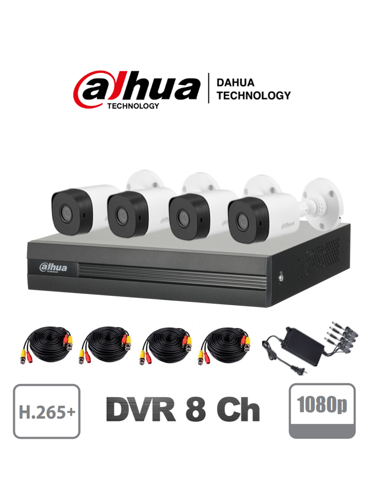 DAHUA COOPER XVR1B08KIT4C - Kit 8 canales 2 megapixeles / 4 Camaras B1A21  1080p / DVR De 8 canales  1080p  Lite / H.265+ / 2 Ch IP / Ir 20M / IP67/ #KitsDahua