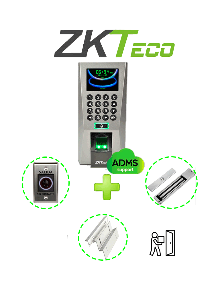 ZKTECO F18MFPAK - Control de Acceso de Huella y Tarjetas Mifare Frecuencia 13.56 Mhz / Incluye Contrachapa Magnética de 200 Kg / Soporte de Fijación ZL / Botón de Salida No Touch