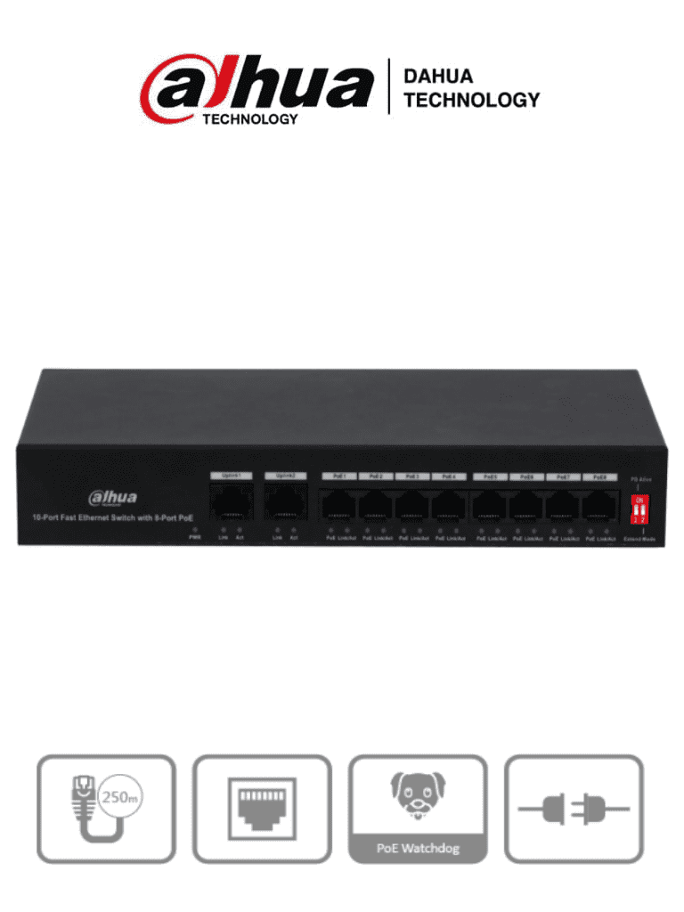 DAHUA DH-PFS3010-8ET-65 - Switch Poe de 10 Puertos Fast Ethernet/ 8 Puertos Poe/ 2 Puertos Uplink/ 65 Watts Totales/ Soporta PoE Watchdog/ Switching 2.0 Gbps/ Con Protección de Descargas/ #LoNuevo