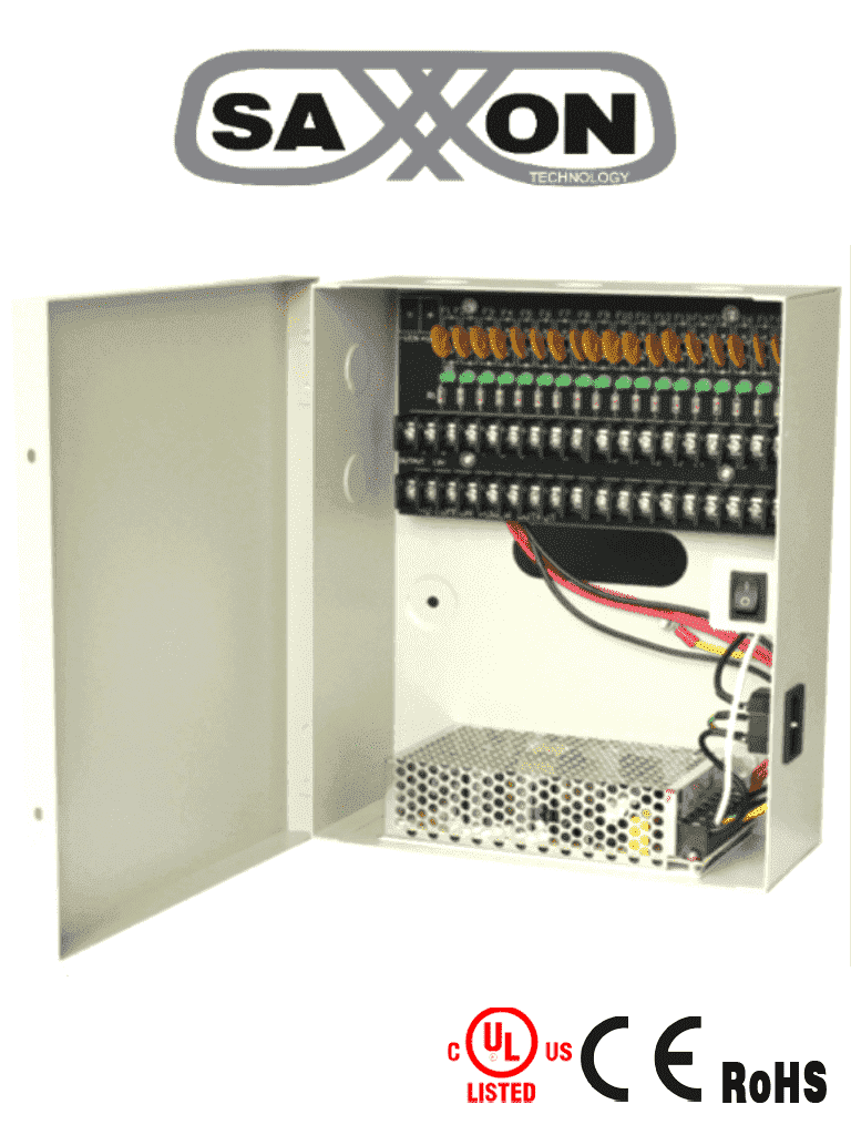 SAXXON PSU1210D18 - Fuente de Poder de 12 vcd/ 10 Amperes/ Para 18 Camaras/ 0.55 Amperes por Canal/ Protección contra Sobrecargas/ Certificación UL/
