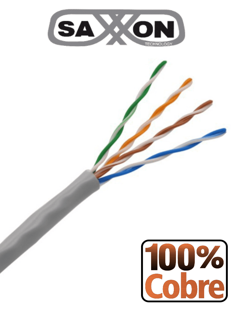 SAXXON OUTPCAT5E100M - Bobina de Cable UTP Cat5e 100% Cobre/ 100 Metros/ Color Gris/ Uso Interior/ 4 Pares/ Soporta Pruebas de Rendimiento/ Ideal para Cableado de Redes y Video/
