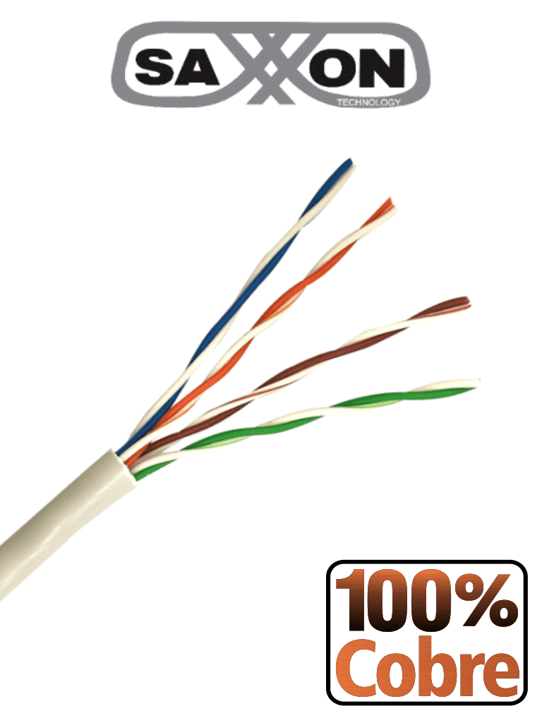 SAXXON OUTP5ECOP100BC - Bobina de Cable UTP Cat5e 100% Cobre/ 100 Metros/ Color Blanco/ Uso Interior/ 4 Pares/ Soporta Pruebas de Rendimiento/ Ideal para Cableado de Redes y Video/