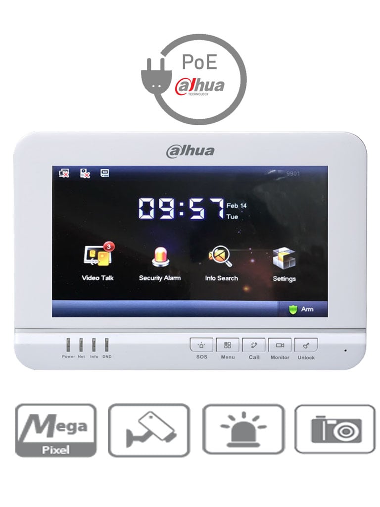 DAHUA VTH1520A - Monitor de videoportero IP  LCD de 7 pulgadas touch / Red 100 Mbps /  PoE DAHUA / Memoria SD 4GB / Soporta 8 sensores de alarma CABLEADOS