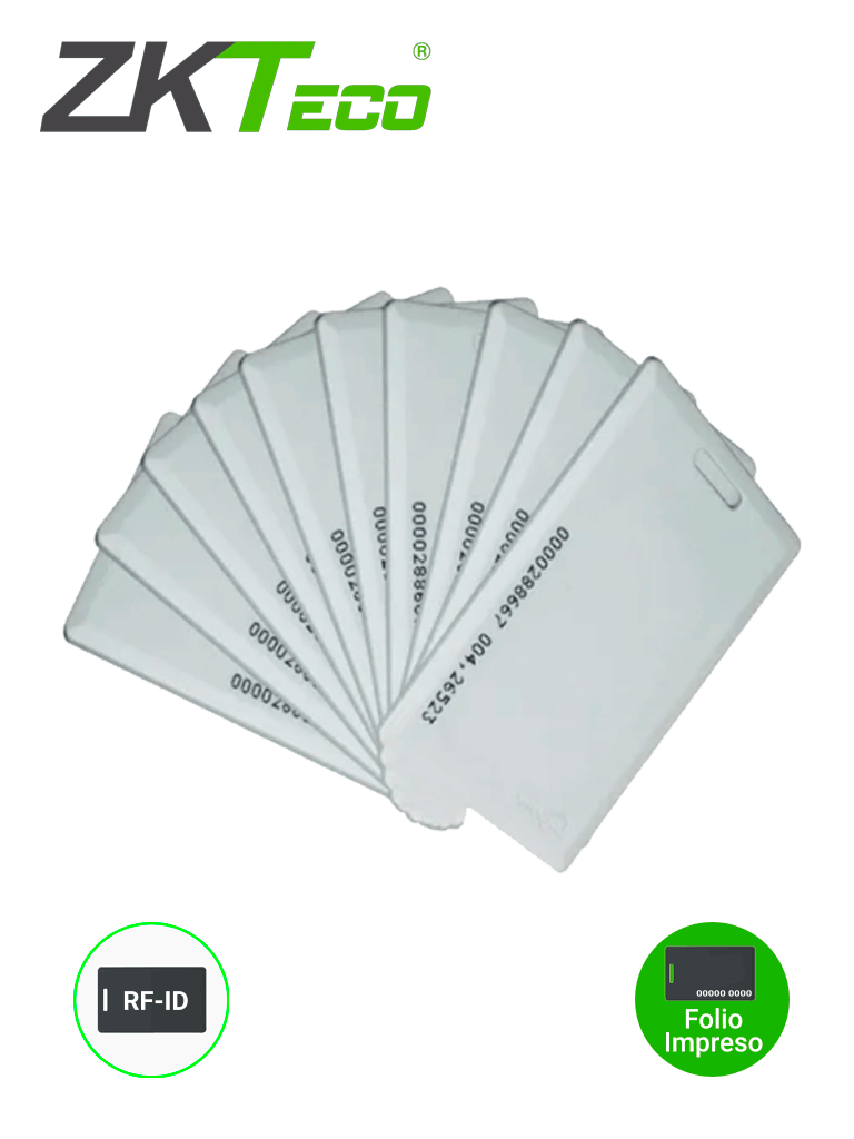 ZKTECO IDCARDKR2K - Paquete con 10 tarjetas compatibles con lectores RFID con frecuencia de 125 Khz / Tarjeta perforada de 1.88 mm de Grosor tipo clamshell para mayor alcance y  mas resistencia / Folio impreso / #Descubre