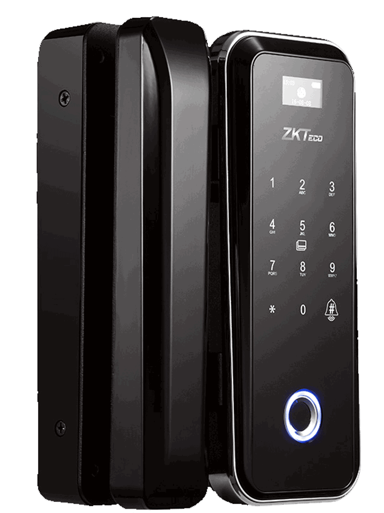 ZK GL300 - Cerradura biometrica para puertas de vidrio / 100 usuarios / Ancho de puerta de 8 a 13 mm / Control remoto / Tarjetas Mifare 13.56 Mhz