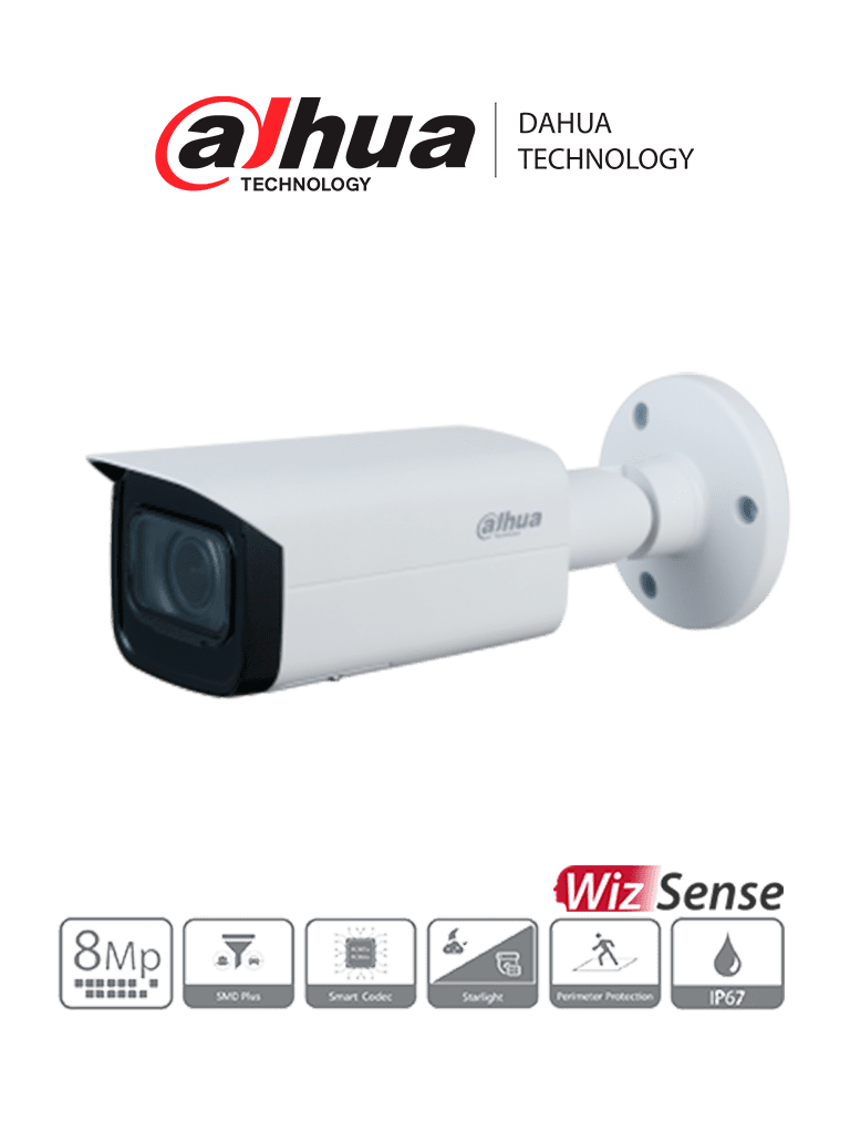 DAHUA IPC-HFW3841TN-ZAS-27135 - Camara IP Bullet de 8 Megapixeles/ WizSense/ Lente Motorizado de 2.7 a 13.5mm/ IR de 60 Metros/ H.265+/ WDR Real/  Protección Perimetral/ E&S de Alarma/ IP67/ PoE/ SMD Plus/ #LoNuevo