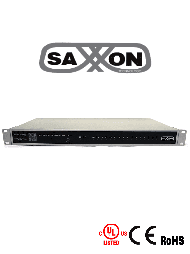 SAXXON PSU1220D18US - Fuente de Poder Profesional Regulada de 18 Canales/ Montaje en Rack/ Salida ajustable de 12 VDC a 13.8 VDC/ 20 Ampers/ Certificación UL/ Protección contra Descargas/