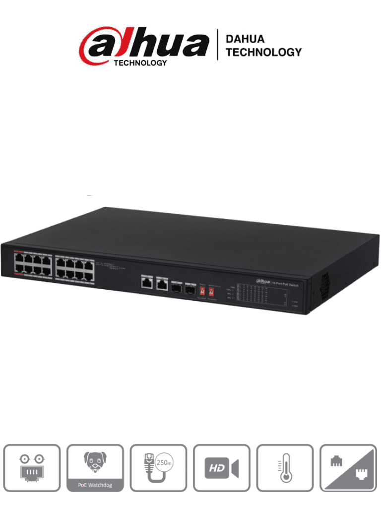 DAHUA DH-PFS3218-16ET-135 - Switch Poe Ethernet de 18 puertos/ 16 puertos PoE 10/100 Mbps/ 135 Watts Totales/  2 Puertos SFP/ PoE Watchdog/ Switching 7.2 Gbps/ Tasa de Reenvio de paquetes 5.3568/ #LoNuevo #hotsale