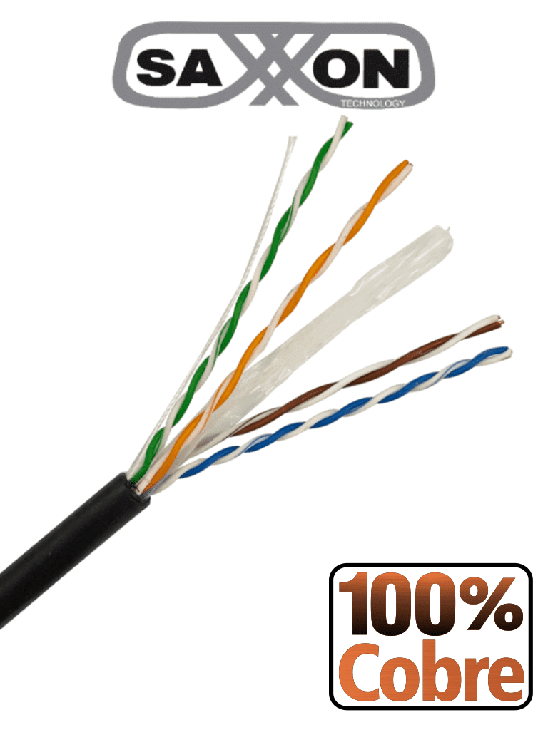 SAXXON OUTP6COP305NE - Bobina de Cable UTP Cat6 100% Cobre/ 305 Metros/ Uso Exterior/ Cubierta LDPE/ 4 Pares/ Soporta Pruebas Fluke Test/ Cumple con Estandares ISO / IEC 11801 Ed2; EIA / TIA568B/ UL/ Ideal para Cableado de Redes y Video/