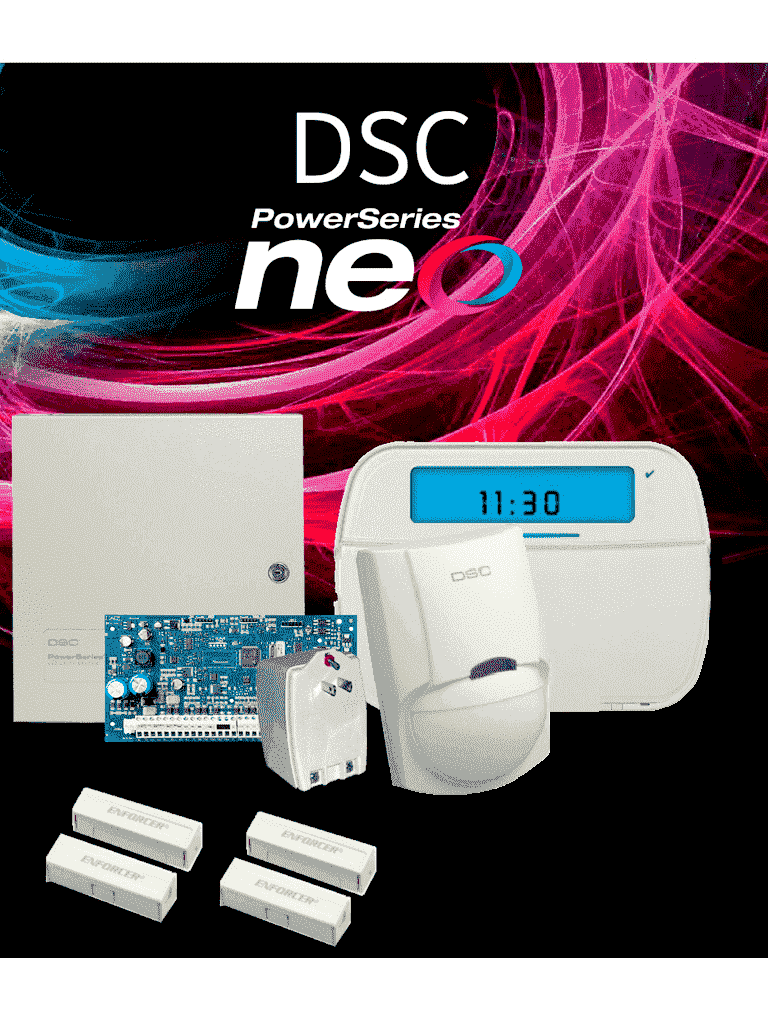 DSC NEO-ICON-SB - Paquete SERIE NEO con panel HS2032 de 8 zonas cableadas expandible a 32 / Teclado de Iconos HS2ICN / Sensor PIR LC-100- PI Cableado / 2 contactos SM433TQW  cableados / Transformador / Gabinete GTVCMX003 / Sin Batería/ 