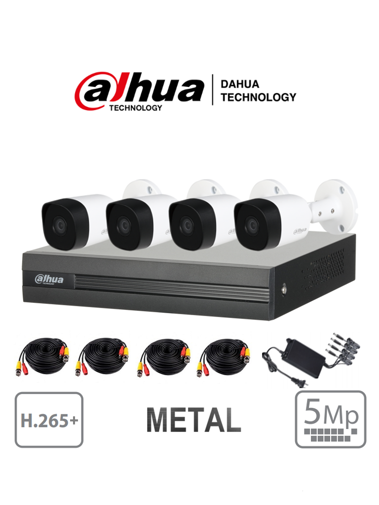 DAHUA XVR1B04H/4-B2A51 - Kit 4 Canales 5 Megapixeles/ 4 Camaras Metálicas de 5 Megapixeles B2A51/ DVR de 4 Canales H.265+ 5 Megapixeles Lite/ IR 20 Mts/ IP67/ Accesorios/