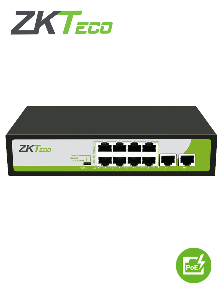ZKTECO PE082120C- Switch  de 8 Puertos Fast Ethernet/ 8 Puertos PoE  10/100 / 2 Puertos 10/100 / Soporta hasta 250mts sobre UTP CAT 6 / Protección Contra Descargas / NO Administrable / #TERROR
