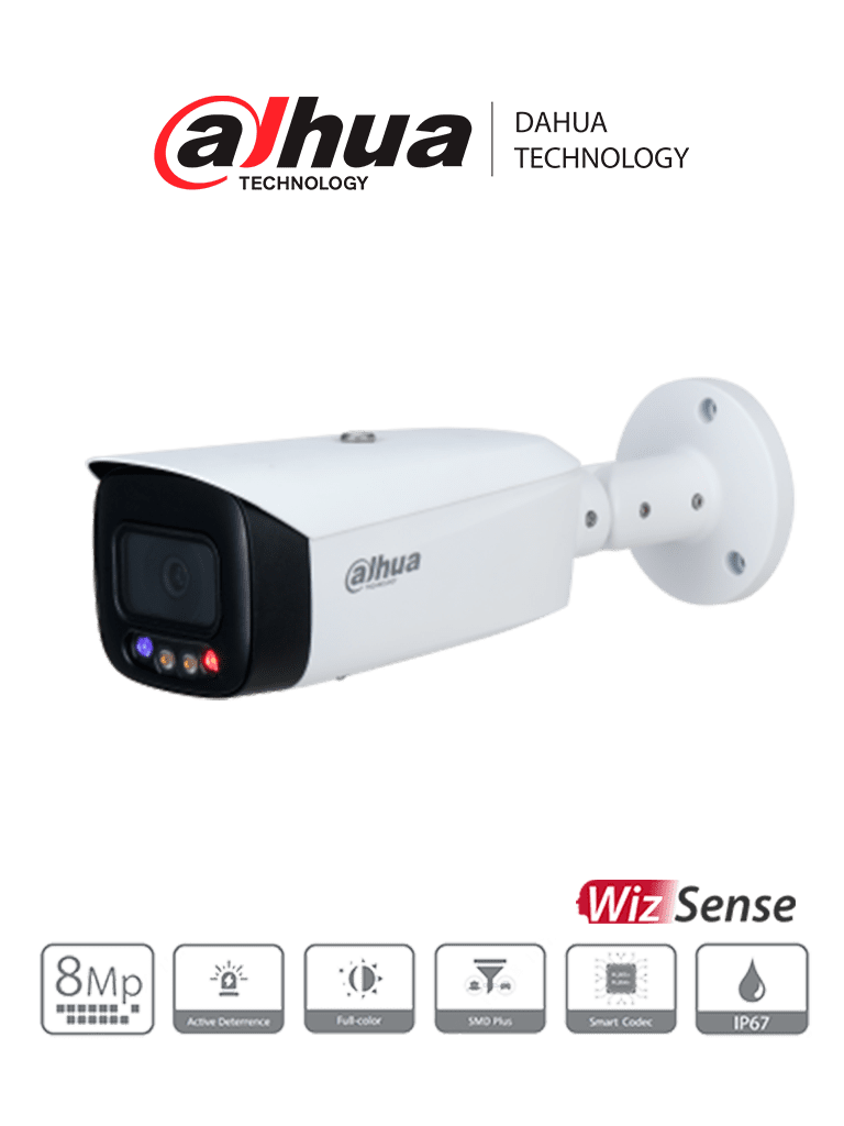 DAHUA IPC-HFW3849T1-AS-PV  - Camara IP Bullet de 8 Megapixeles con Disuación Activa/ TiOC/ WizSense/ Lente de 2.8mm/ Ir de 30 Mts/ Leds de Luz Visible para 30 Metros/ SMD 3.0/ E&S de Audio y Alarma/ IP67/