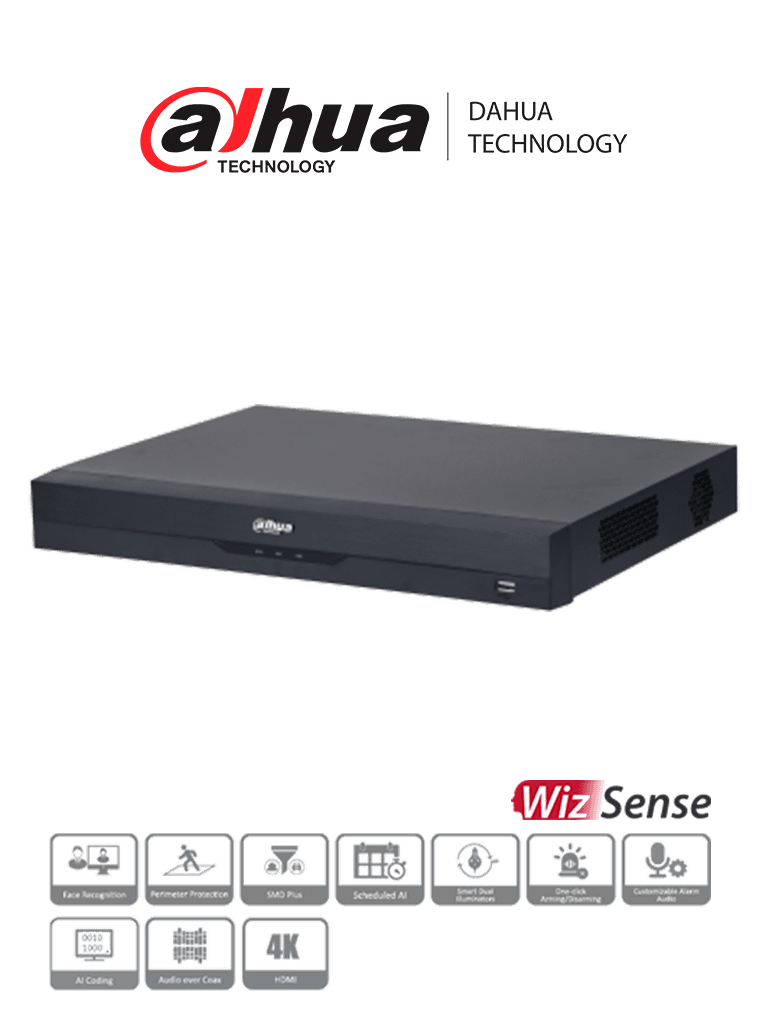 DAHUA XVR5216A-4KL-I3 - DVR de 16 Canales 4k/ WizSense/ H.265+/ 16 Canales HDCVI+16 IP/ Hasta 32 Ch IP/ 2 Ch de Reconocimiento Facial/ SDM Plus/ Protección Perimetral/ 2 SATA de hasta 10TB/ 16&3 E&S de Alarmas/ 4 Canales de Audio/ IoT/ POS/