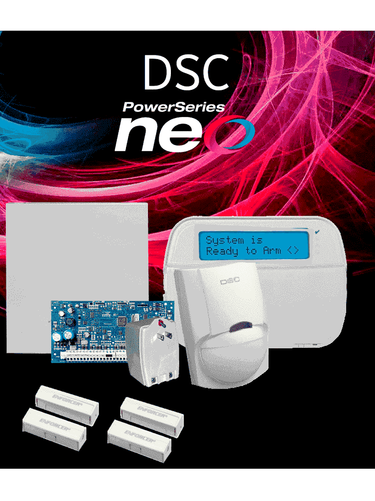 DSC NEO-LCD-SB - Paquete SERIE NEO con panel HS2032 de 8 zonas cableadas expandible a 32 / Teclado Alfanumerico HS2LCDN / Sensor PIR LC-100- PI Cableado / 2 contactos blancos  cableados / Transformador / Gabinete GTVCMX003 / Sin Batería/ #LosPrincipales 