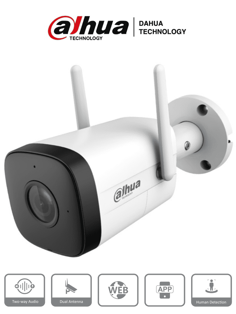 DAHUA IPC-HFW1230DT-STW  - Camara IP Bullet Wifi de 2 Megapixeles/ Lente de 2.8 mm/ 100 Grados de Apertura/ IR de 30 Metros/ H.265/ Microfono y Altavoz Integrados/ Ranura MicroSD/ IP67/ Detección de Humanos/