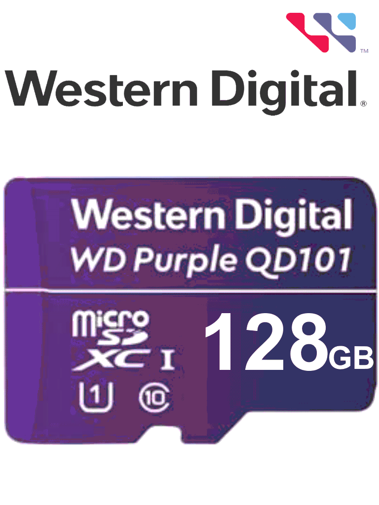 WESTERN WDD128G1P0C- Memoria de 128GB Micro SDXC/ Linea Purple/ Clase 10 U1/ Lectura 50MB/ Escritura 40MB/ Especializada para Videovigilancia