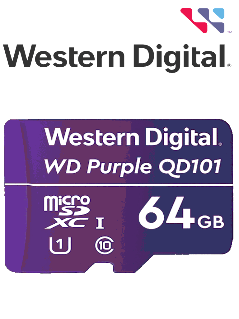WESTERN WDD064G1P0C- Memoria de 64GB Micro SDXC/ Linea Purple/ Clase 10 U1/ Lectura 50MB/ Escritura 40MB/ Especializada para Videovigilancia