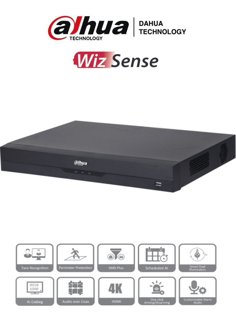 DAHUA XVR5216AN-4KL-I3 - DVR de 16 Canales 4k/ WizSense/ IA/ H.265+/ 2 Bahías de Disco Duro/ 16 Ch HDCVI + 16 IP (Hasta 32 IP)/ 2 Canales de Reconocimiento Facial/ SMD Plus/ Codificación IA/  Funciones IoT&POS/ Audio Bidireccional/ #PromoWD